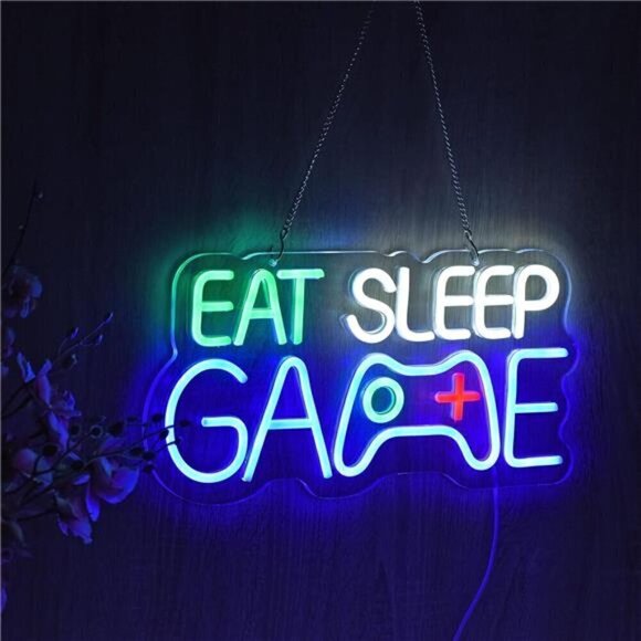 Game Room Decor EAT SLEEP GAME LED Neon Sign Bar Man Cave Bedroom Art Gaming NEW - Picture 5 of 7